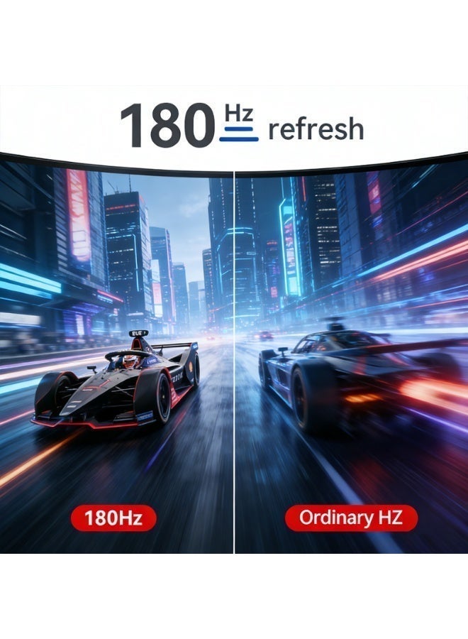 شاشة ألعاب منحنية 27 بوصة، معدل تحديث 180 هرتز، دقة 1920 × 1080 بكسل، زمن استجابة 1 مللي ثانية، تدعم تقنية FreeSync، مزودة بإضاءة خلفية LED، وانحناء 1800R، ومكبر صوت مدمج، وإضاءة خلفية RGB، ومنافذ HDMI وDP وUSB، وحامل قابل للرفع والتدوير. - Image 3